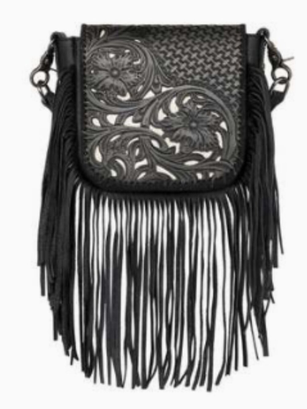Montana West Genuine Leather Tooled Crossbody Black NWT